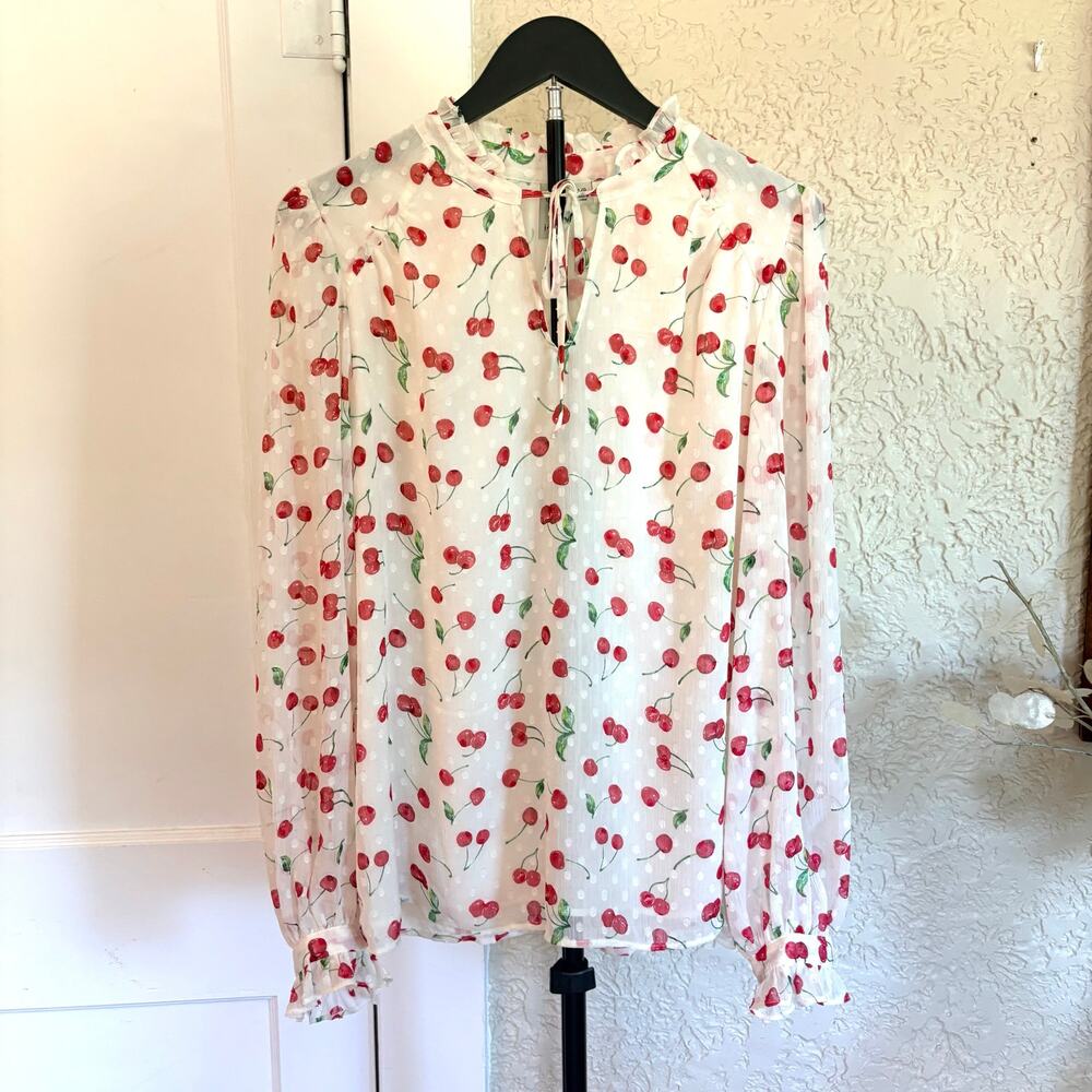 Joie Cherry Print Swiss Dot Ruffle Blouse Size L Sheer Tie Neck